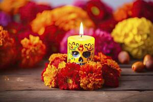 AI generated Candles and marigold flowers. Day of the dead concept dia de los muertos. AI Generated photo