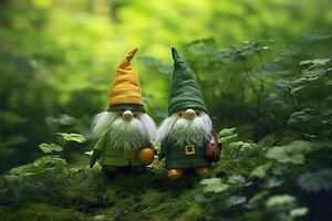 AI generated Toy Irish gnomes in a mystery forest, abstract green natural background. Generative AI photo