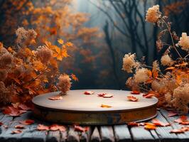 AI generated autumn background with autumn leaves and a wooden table photo