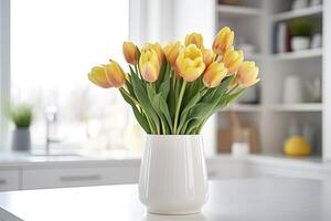 AI generated A bouquet of tulips on a white table. AI Generated photo