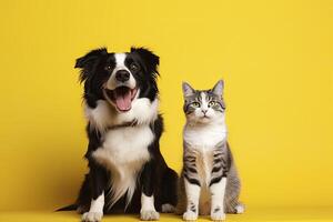 AI generated Cat and dog together with happy expressions on yellow background. AI Generated photo