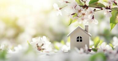 AI generated Toy house and cherry flowers, spring abstract natural background. Generative AI photo