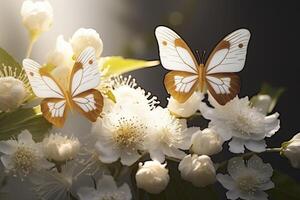 ai generado goden mariposas con blanco flores ai generado foto