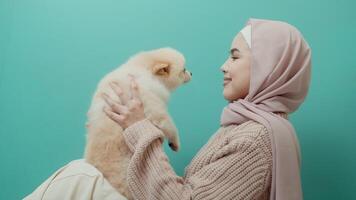 Portrait of Young muslim woman kisses and hugs her dog over green background. video