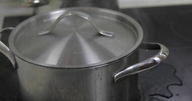 Boiling Water In The Pan that is covered with a lid in the kitchen video