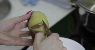 weiblich Hausfrau Hände Peeling Kartoffeln im das Küche. video