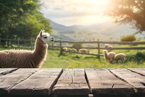 AI generated Alpaca Haven Wooden Tabletop Foreground, Background of Lush Farm photo