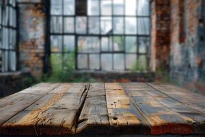 AI generated Foreground Wooden Table, Background of Blurry Factory photo