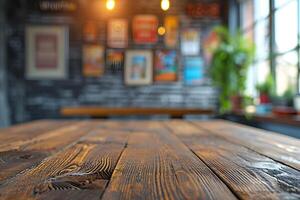 AI generated Wooden Table with Board Game Cafe Decor in the Blur, Social Gaming Spot photo