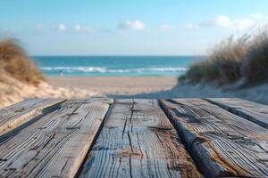 AI generated Oasis View Wooden Boardwalk with Beach Blur in the Background photo