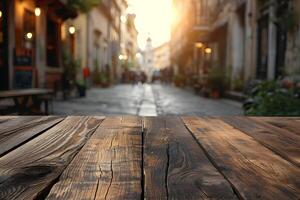 AI generated Empty Wooden Tabletop with Blurry City Market Background, Urban Marketplace Views photo