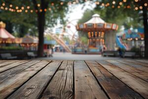 AI generated Wooden Tabletop Foreground, Amusement Park Blur Background photo