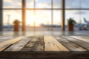 ai generado vacío de madera mesa con antecedentes de borroso aeropuerto terminal foto