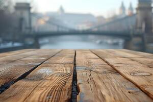 AI generated Empty Wooden Tabletop with Blurry Bridge Background photo