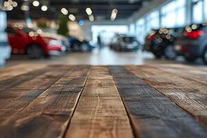 AI generated Wooden Table Foreground, Blurred Showroom Car Dealership Setting Background photo