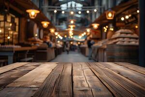 AI generated Foreground Wooden Table, Blurred City Market background, Metropolitan Bazaar photo