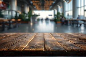 AI generated Foreground Wooden Table with Blurred Airport Interior photo