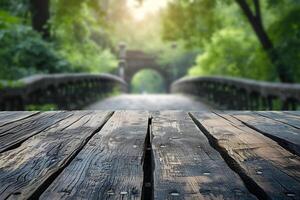 AI generated Foreground Wooden Table, Blurred Bridge Background photo