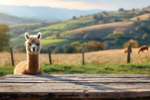 AI generated Empty Wooden Tabletop with Alpaca Farm Background photo