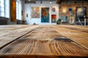 AI generated Empty Wooden Tabletop with Blurry Art Gallery Background photo