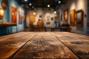 AI generated Wooden Tabletop with Blurry Art Gallery Ambiance Background photo