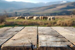 AI generated Empty Table with Scenic Alpaca Farm in Background photo