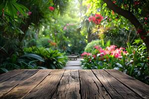 AI generated Wooden Tabletop Foreground, Background of Blurry Botanical Garden photo