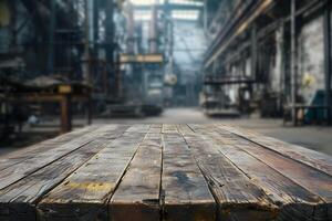 AI generated Empty Wooden Table and Blurred Abandoned Factory photo