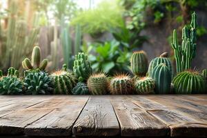 AI generated Empty Wooden Tabletop with Blurry Cactus Nursery Garden Background photo