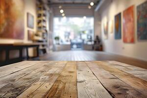 AI generated Foreground Wooden Table with Blurred Art Exhibition Gallery Atmosphere photo