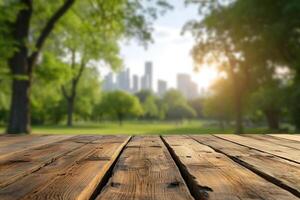 AI generated Foreground Wooden Table, Blurred City Park Background, Metropolitan Greenery photo