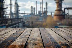 AI generated Empty Table with Power Plant View in the Background, Energy Hub photo