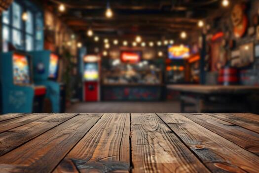 AI generated Empty Table with Retro Arcade Blur in the Background, Nostalgic Gaming photo