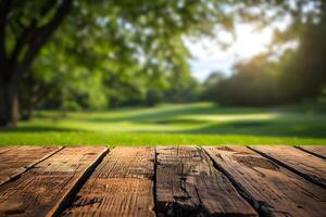 AI generated Empty Wooden Plank Floor with Blurry Golf Course Background photo
