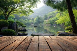 AI generated Empty Table with Water Garden View in the Background, Zen Oasis photo