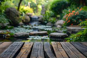 AI generated Wooden Tabletop Foreground, Background of Peaceful Zen Garden photo