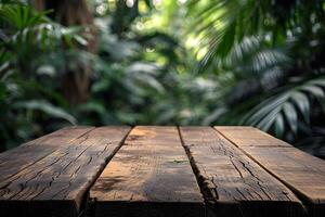 AI generated Empty Wooden Tabletop with Blurry Zoo Background, Wildlife Wonder photo