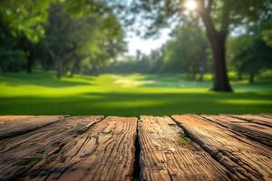 AI generated Empty Floor with Blurry Golf Course View in the Background photo