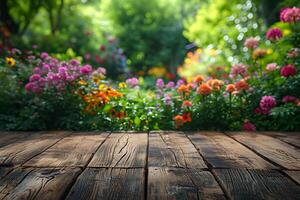 AI generated Empty Table with Beautiful Flower Garden View in the Background photo