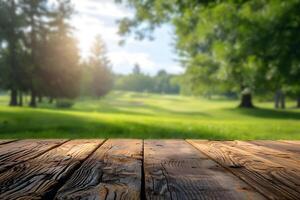 AI generated Foreground Wooden Plank Floor, Blur of a Golf Course Setting Background photo