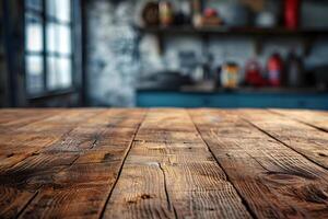 AI generated Wooden Tabletop with Blurred Car Repair Shop Background, Automotive Workspace photo