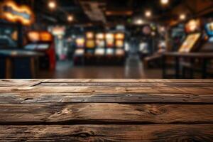 AI generated Empty Wooden Tabletop with Blurry Arcade Game Center Background, Retro Gaming Haven photo