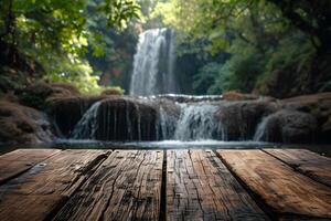 AI generated Empty Table with Waterfall Blur in the Background photo