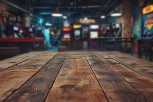 AI generated Wooden Tabletop Foreground, Background of Blurry Arcade Games Vintage Entertainment background photo
