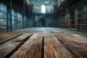 AI generated Foreground Wooden Table, Blurred Prison Background photo
