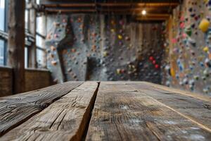 AI generated Wooden Tabletop Foreground, Background of Blurry Climbing Walls photo