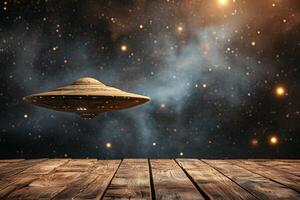 AI generated Empty Wooden Tabletop with UFO Background photo