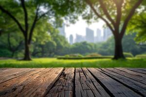 AI generated Empty Wooden Tabletop with Blurry City Park Background photo