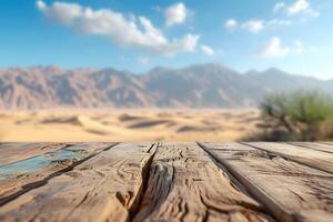 AI generated Empty Wooden Plank Floor with Blurry Desert and Mountains photo