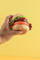 Hand Hold Healthy Mini Hamburger Bun with Tomato Sauce, leetuce, and Sliced Tomato. photo